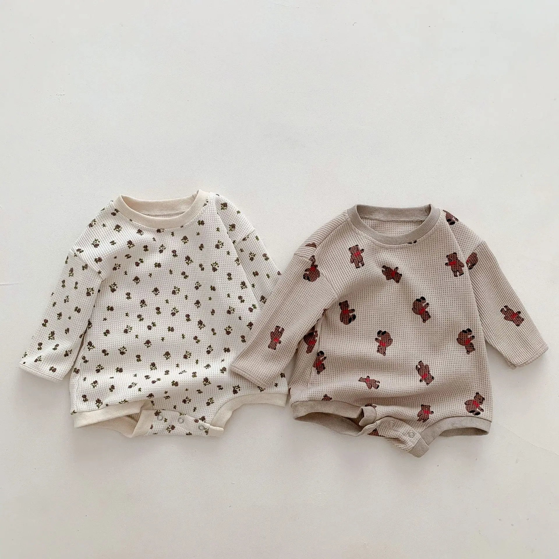 2022 Autumn New Baby Long Sleeve Bodysuit Fashion Infant Boy Girl Bear Print Jumpsuit Cotton Waffle Cute Floral Clothes