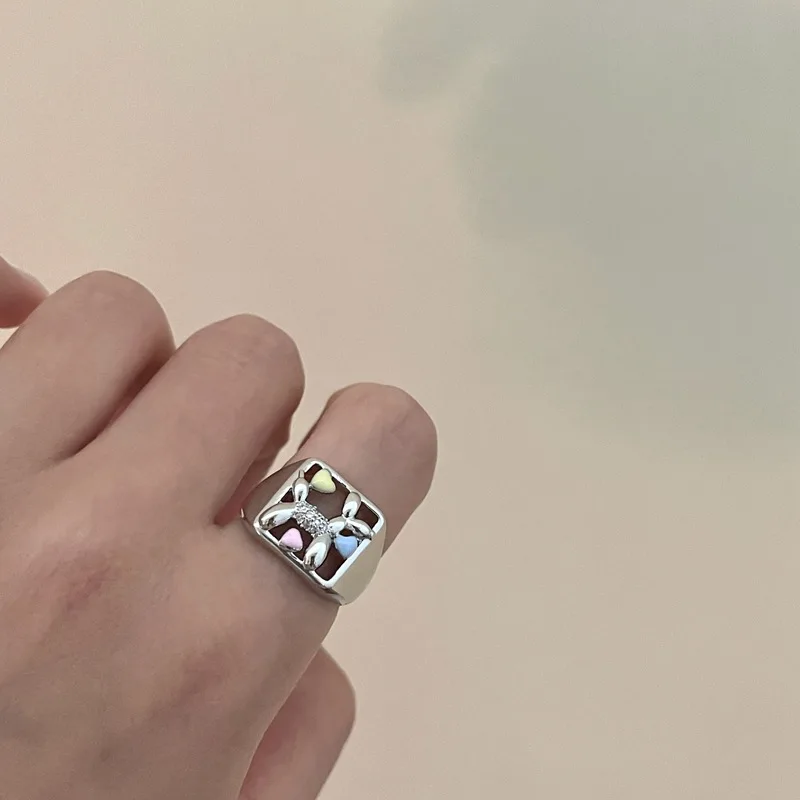 

New Creative Balloon Puppy Colorful Heart Adjustable Opening Square Ring for Women High Grade Trendy Finger Jewelry 2023
