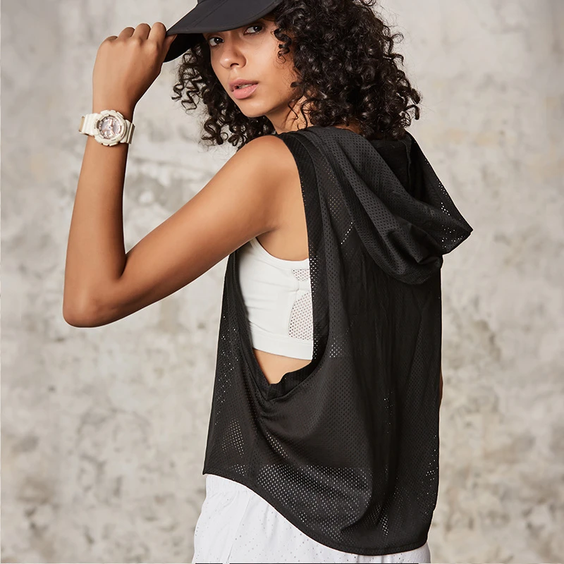 Summer Women's Sleeveless Breathable Hooded Hoodie Mesh Quick Dry Fitness Yoga Wear Running Workout Tops
