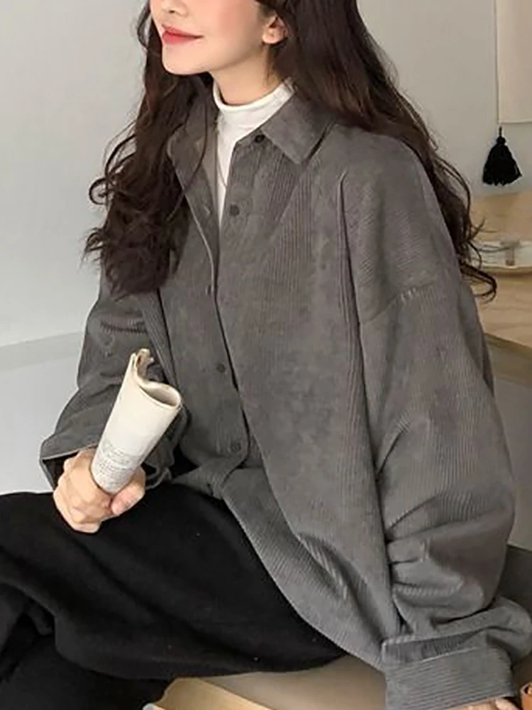 

2022 Harajuku Women Corduroy Jacket Long Sleeve Blouse Ladies Turn Down Collar Single Breasted Cardigan Loose Retro Vintage Top