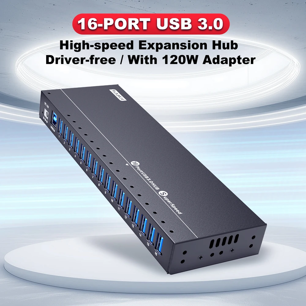 Фото USB-хаб Sipolar A-316 на 16 портов USB 3.0 с питанием, USB-разветвитель, адаптер 12В 10А, хаб для передачи данных, зарядная станция для планшетов и телефонов №1