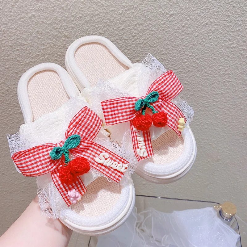Fashion Spring Summer Cotton Linen Women Slippers Flower Lace Bow Tassels EVA Thick Sole Indoor Home Ladies Sandals Slides Shoes