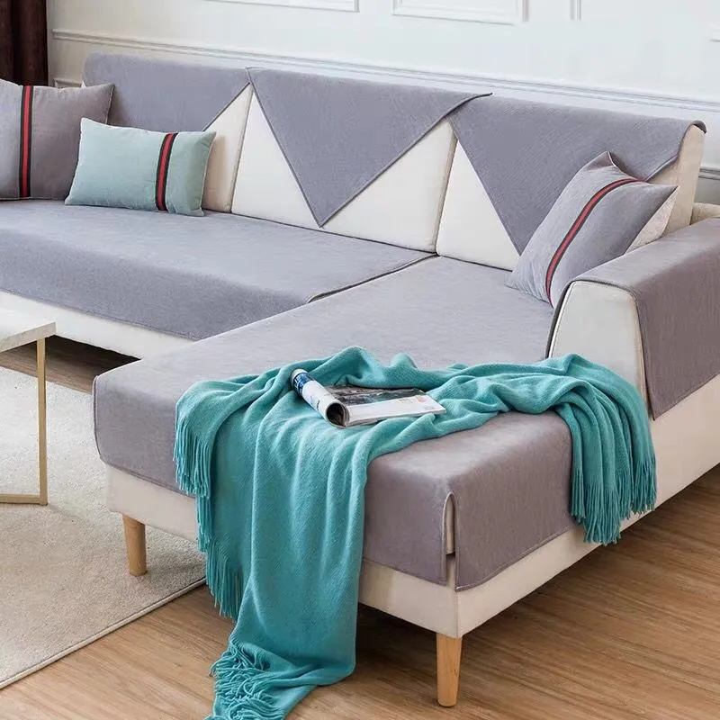 

Four Seasons Universal Waterproof and Oilproof Sofa Cushion Fabric Simple and Fresh Non-slip Pure Color Sofa Cover L Shape