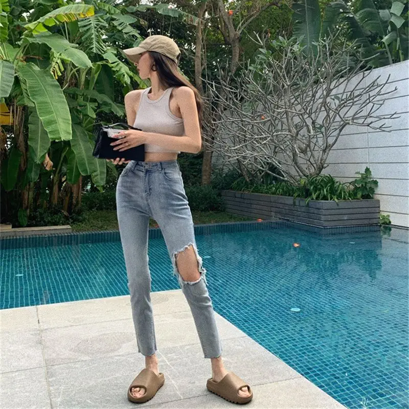 Women 2022 New Vintage High Waist Slim Broken Summer Versatile Pant for Female Denim Jeans Trousers Casual Streetwear Clothes