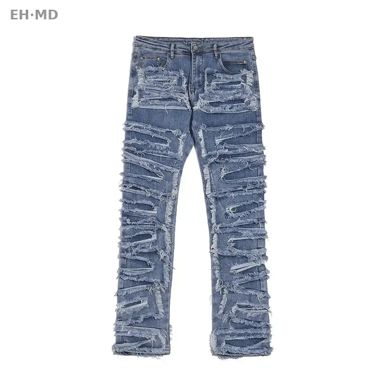 Retro Hole Ripped Distressed Jeans for Men Straight Washed Harajuku Hip Hop Loose Denim Trousers Vibe Style Casual Pants Cotton