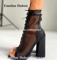 black mesh chunky heel short boots emeline dubois peep toe lace patchwork thick heel ankle booties sexy lace up party dress heel