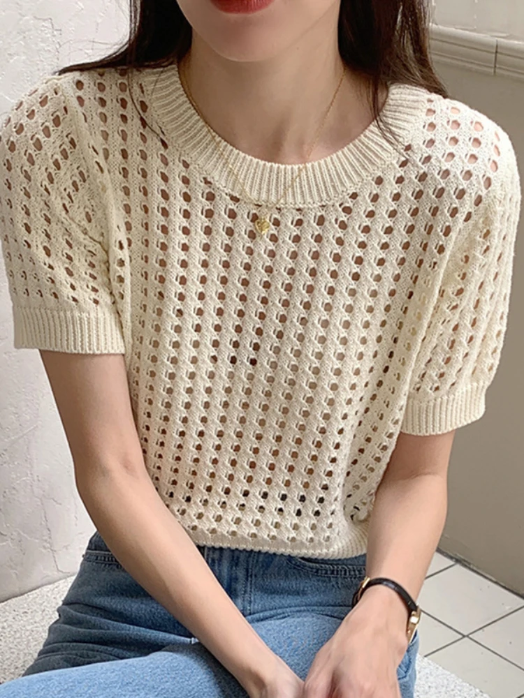 

Korean version of summer age reduction round neck slim hollow-out design sense short-sleeve knitted sunscreen shirt woman