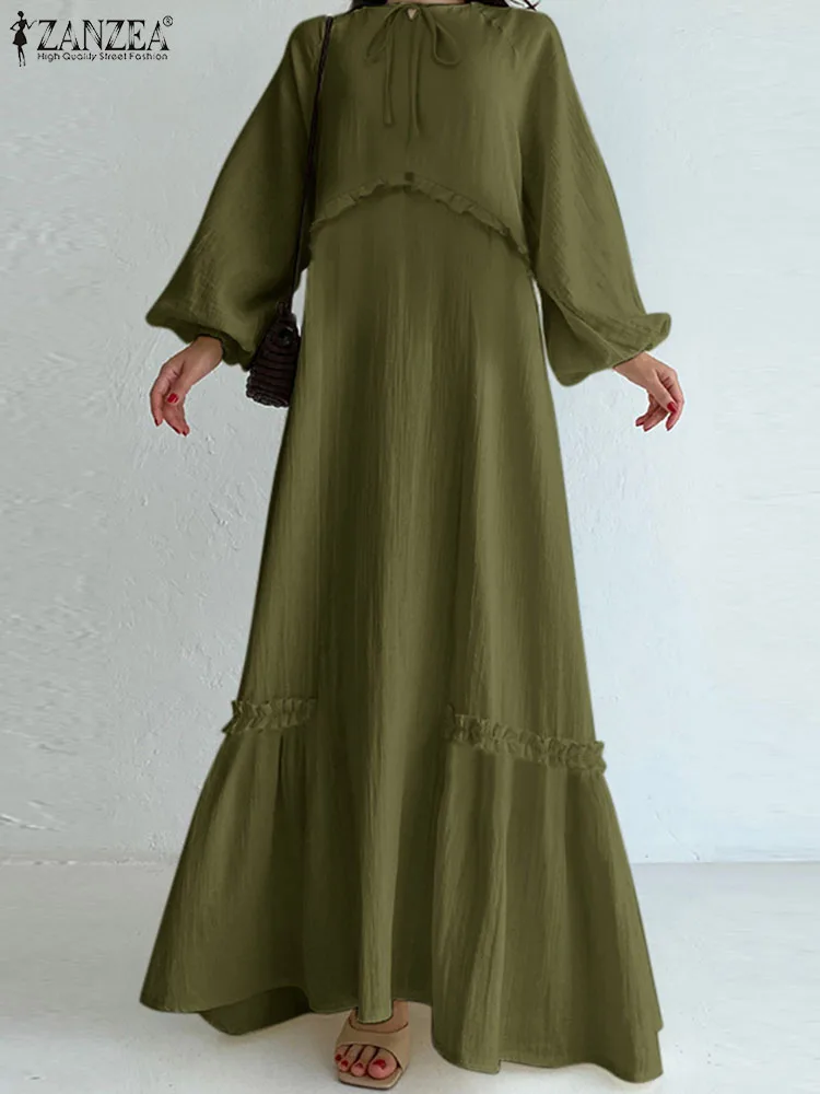 

ZANZEA Casual Women Dresses Round Neck Long Puff Sleeve Solid Loose Maxi Dress Fungus Stitching 2023 Fashion Lace Up Long Robes