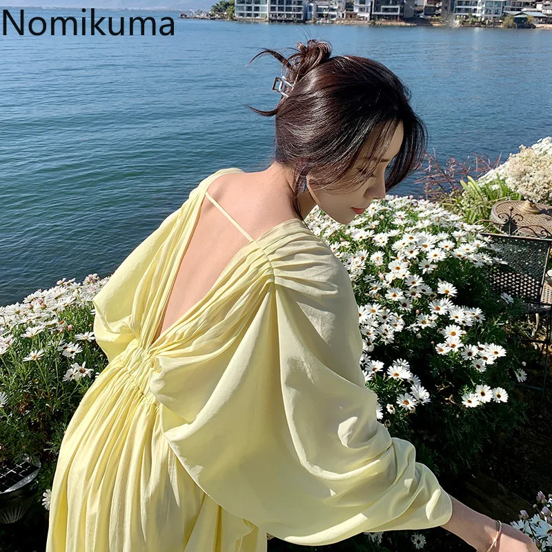 

Nomikuma Vestido Feminino V Neck Backless Slim Waist Tunic Pleated Loose Vestidos De Mujer Temperament Sexy Fashion Women Dress