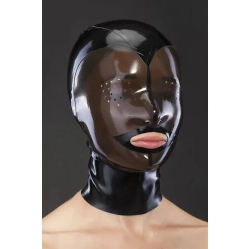 

Прозрачная черная и черная натуральная латексная Фетиш-маска на капюшон резиновая маска с маленьким отверстием открытый мундштук молния н...