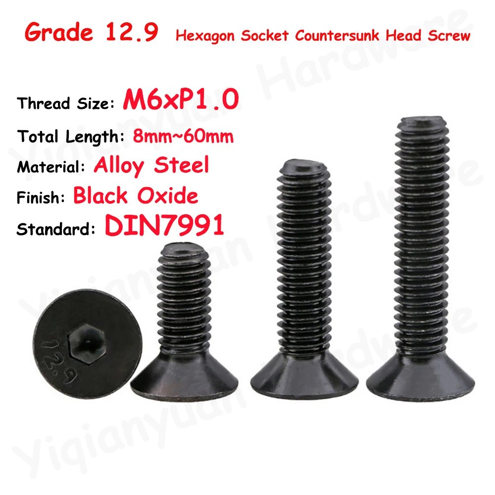

DIN7991 M6xP1.0 Coarse Thread Grade 12.9 Alloy Steel Hexagon Socket Countersunk Head Cap Screws Black Oxide Allen Key Flat Bolts