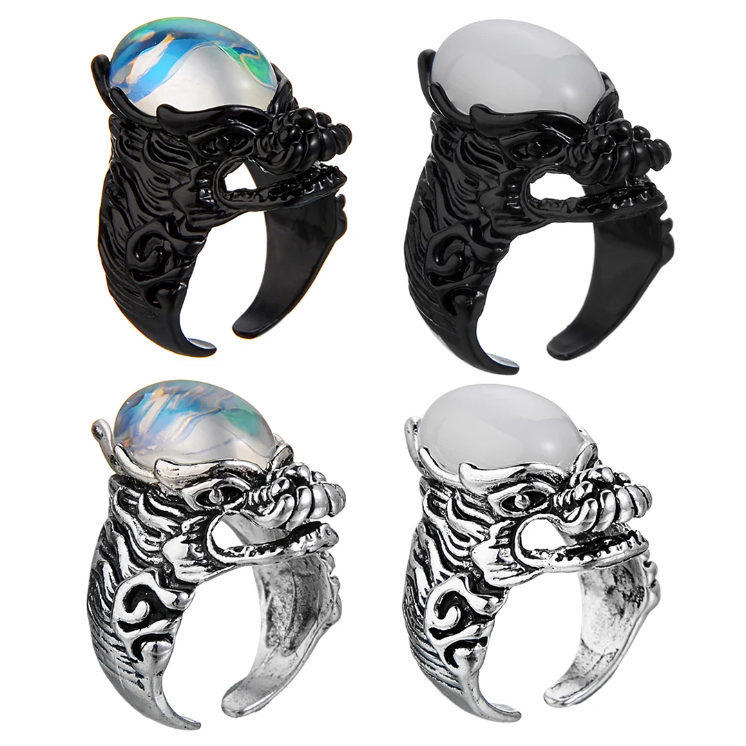 

Vintage Punk Black Silvery Dragon Gothic Opening Rings For Women Men Jewelry Big Stone Crystal Adjustable Ring Accessories Gift