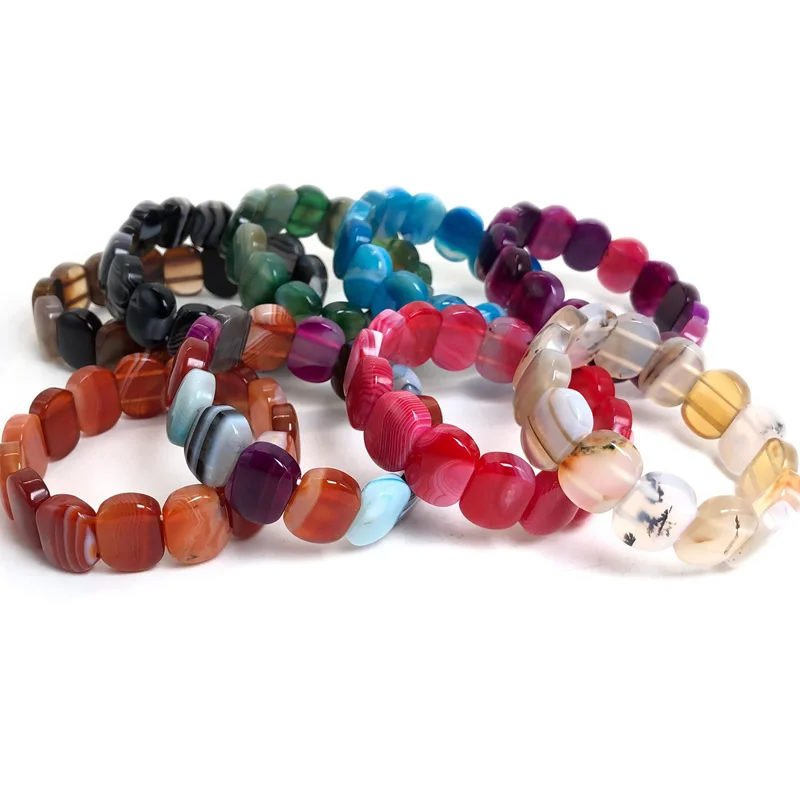 Браслет из агата 14x18 мм Квадратные бусины шелковые радужные полосы женский