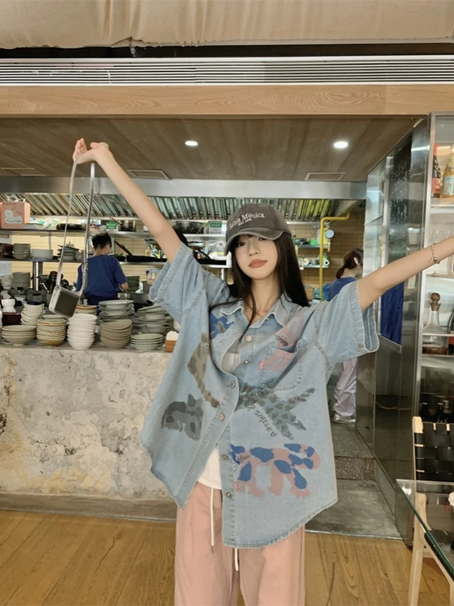 Gaganight Женская индивидуальная Милая джинсовая рубашка с принтом и коротким