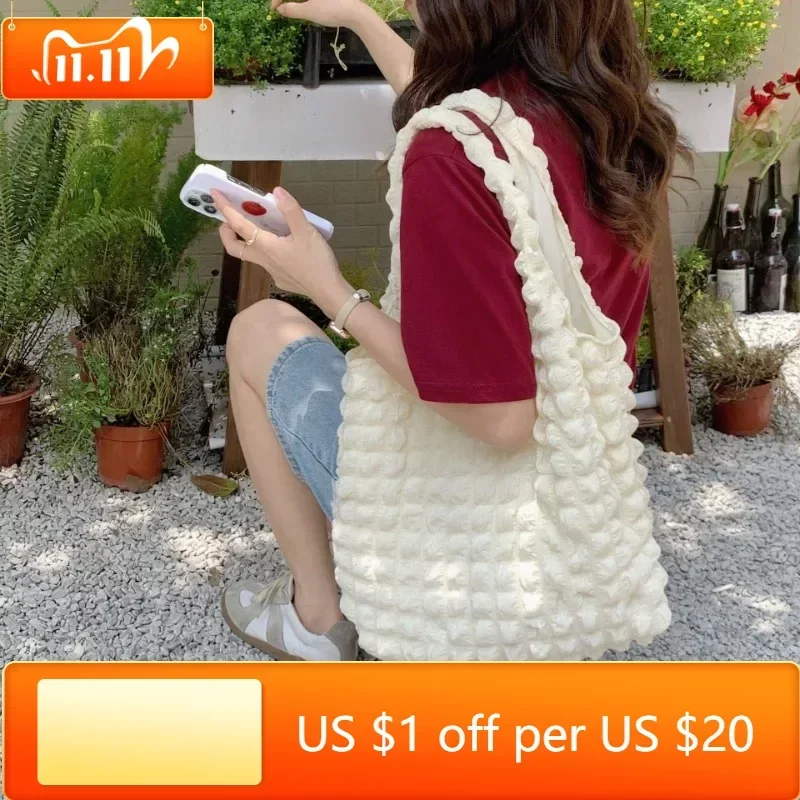 

Women Cloud Bubbles Shoulder Bag Soft Cloth Fabric Cute Handbag Casual Tote Light Canvas Shopping Bags Female Cute Books Purse