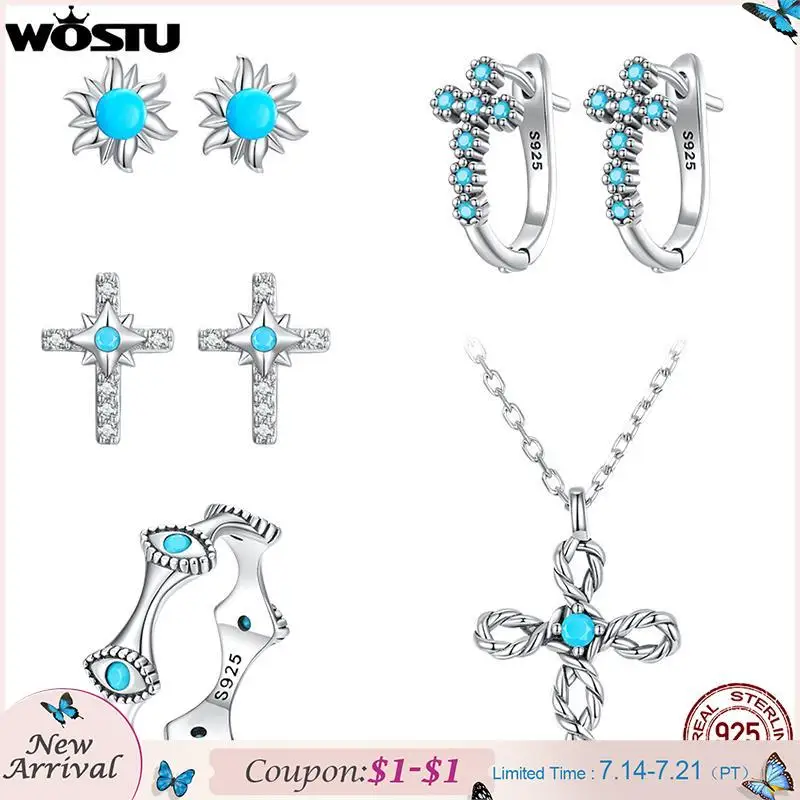 

WOSTU Turquoise Series 925 Sterling Silver Evil Eye Rings Cross Drop Hoop Earrings Braided Charm Necklace Women Party Jewelry