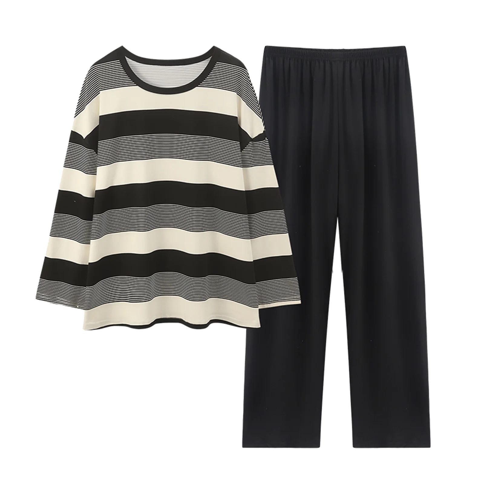 

Women's Comfortable Stripe Gradient Pure Color Imitation Cotton Pajamas Women's Casual Loose Long Sleeved Trousers Set Homewear