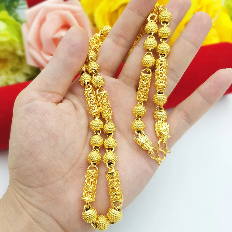 

Luxurious and magnificent gold-plated men's hollow carved column with frosted bead auspicious cloud dragon head necklace