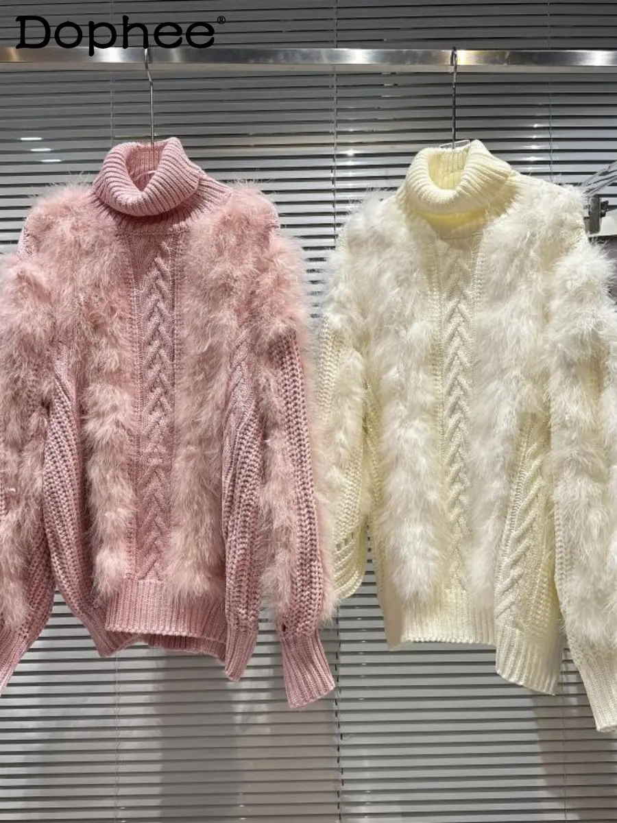 

Elegant Feather Patchwork Turtleneck Sweater Women Oversized Loose Thick Warm Knitting Jumper Pullover 2022 New Winter Sweater