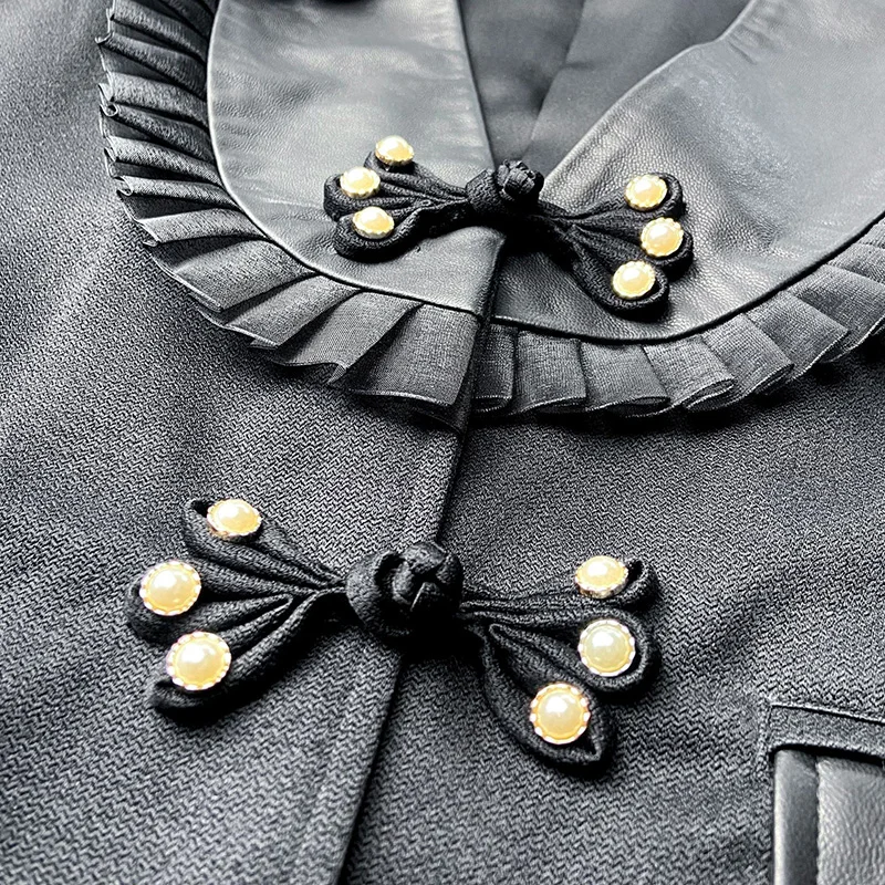 Женский кожаный жилет с оборками из овечьей кожи цветочным рисунком модель TF4777