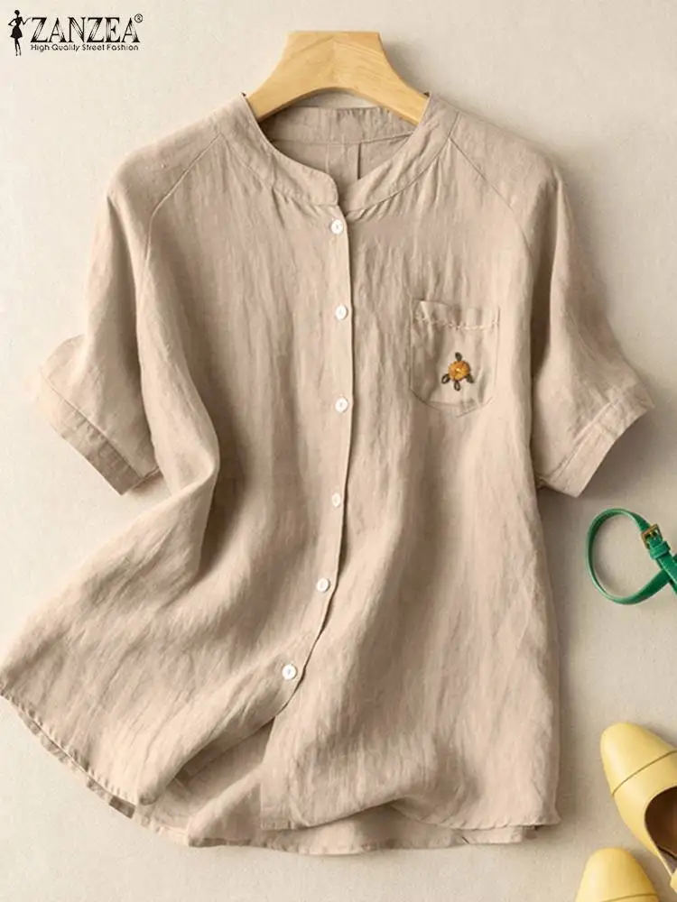 

2023 ZANZEA летняя блузка женская Винтажная с коротким рукавом Повседневная Свободная однотонная хлопковая туника с пуговицами на пуху Blusas рубашка с вышивкой