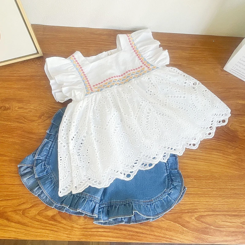 

Новинка 2023 года, летний белый топ с рукавами-крылышками + джинсовые шорты детская одежда из 2 предметов Детский костюм для девочек, для От 3 до 7 лет