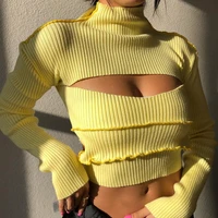 spring new turtleneck long sleeve hollow out patchwork slim t shirts casual fashion simple ribbed crop top tops women gothic y2k