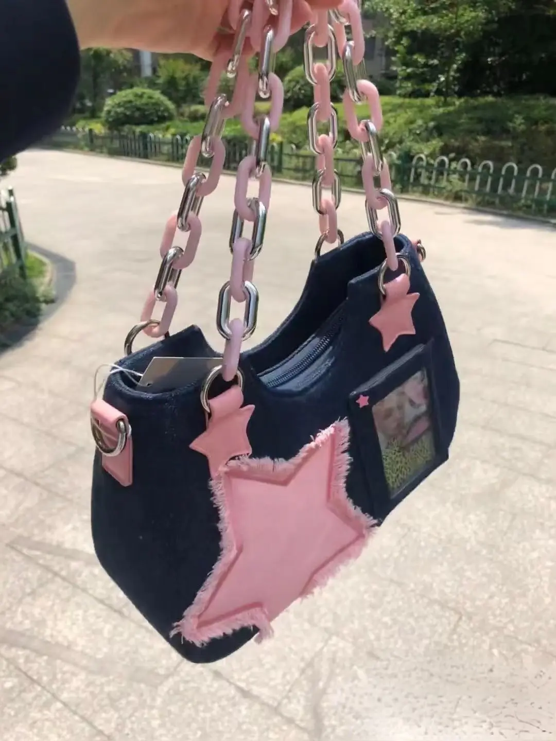Y2K Vintage Korean Fashion Shoulder Underarm Harajuku Star Tote Denim Bag Chain Ladies Bags Zip Purses Bagutte Handbags Women