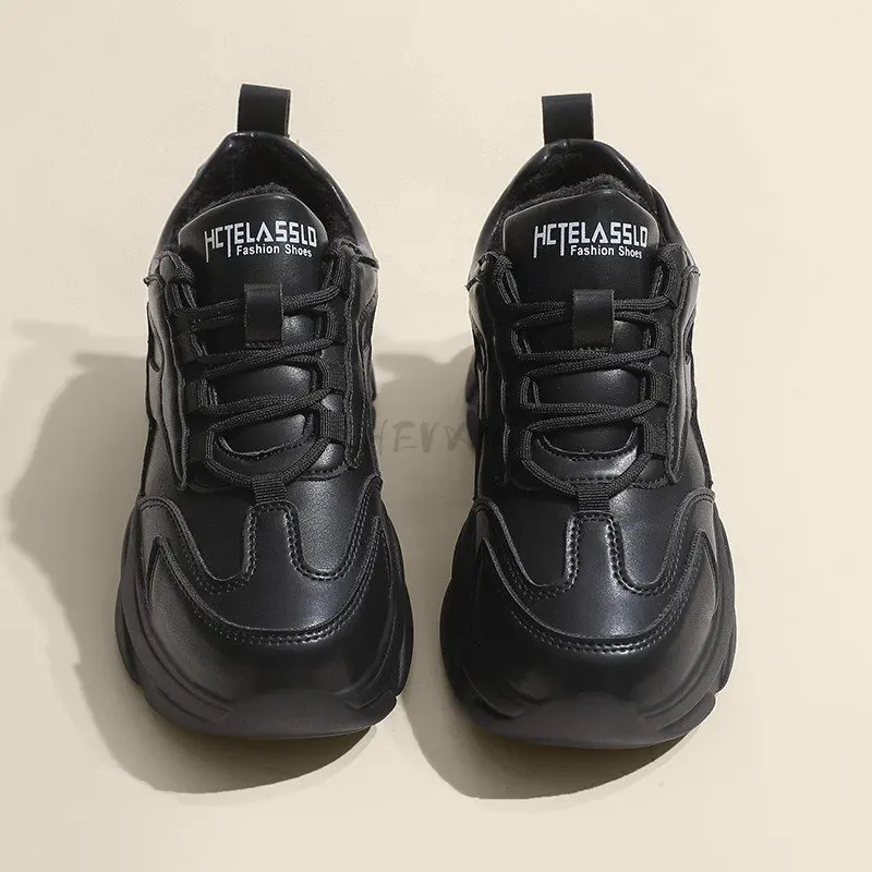 2023 Genuine Leather Autumn and winter cashmere Casual Women's Shoes Fashionable All-Match Comfortable Platform Lace-up Sneakers