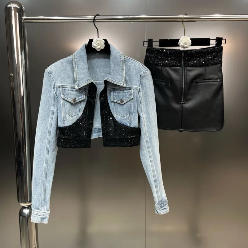 

BORVEMAYS 2023 Autumn New Lapel Long Sleeve Patchwork Sequins Denim Jacket + Slim PU Leather Skirts Two-piece Sets WZ5031