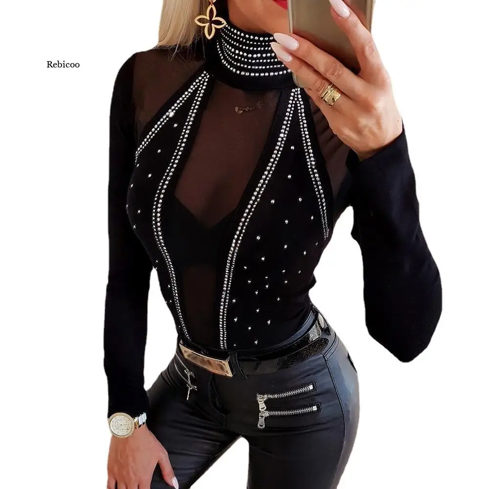

Women Blouse New Skinny Black Turtleneck Top Studded Sheer Mesh Long Sleeve Blouses Sexy Bodycon Ladies Tee Shirts Fashion
