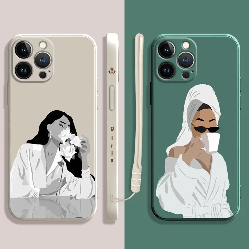 

Square Liquid Case For Apple iPhone 14 13 12 11 Pro Max 13 12 Mini XS XR X 7 8 6 6S Plus Luxury Fashion Girl Woman Black White