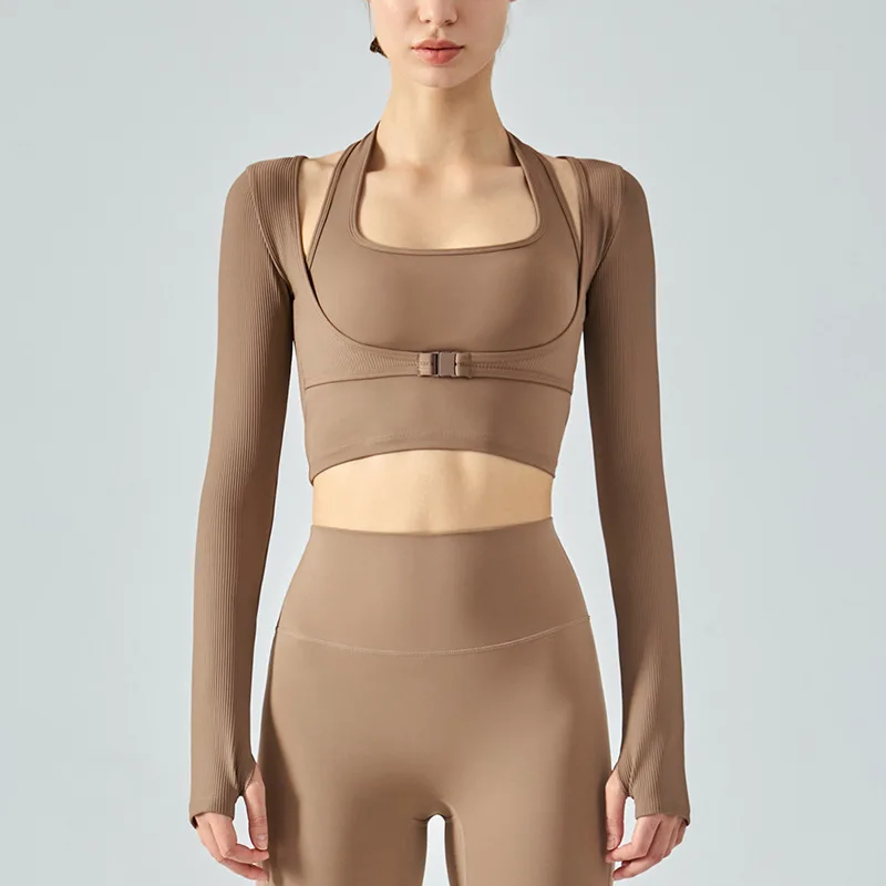 

Lu логотип с логотипом женские тонкие гофрированные рубашки для йоги с бретелькой через шею с бюстгальтером короткий топ с длинным рукавом спортивная футболка для бега быстросохнущая Sp