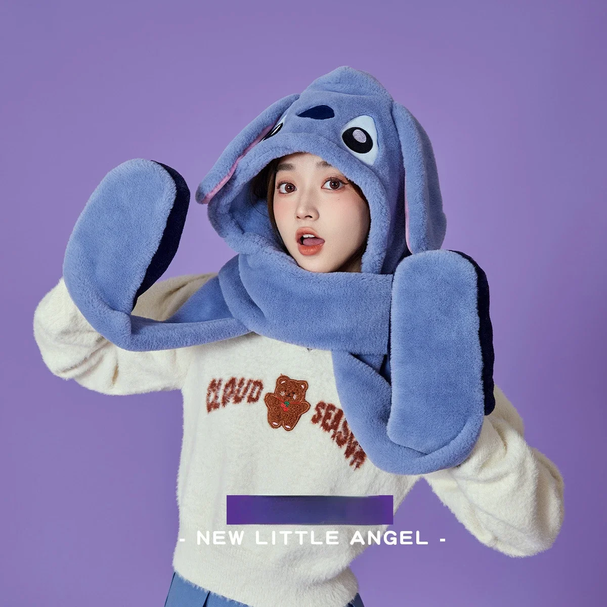 

Cute Stitch Winter Hat Student Girl Bear Plush Scarf One Piece Glove Three in One Windproof Warm Cartoon Scarf Kid Christma Gift