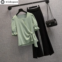 korean pop bubble short sleeve bow chiffon shirt wide leg trousers two piece elegant womens pants set female leisure tracksuit