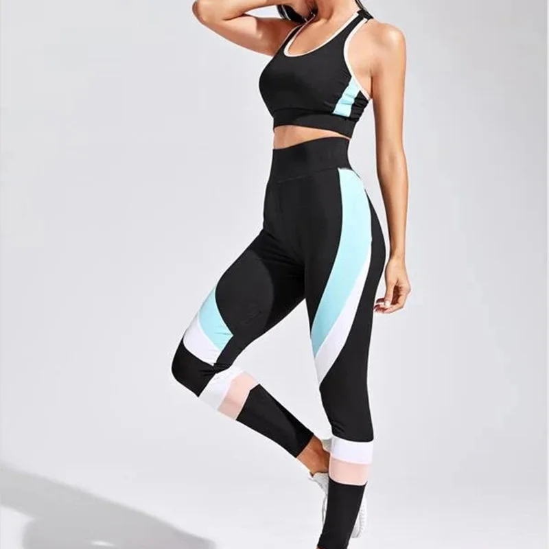 Multicolor splicing Yoga Set Workout Beauty back Gym Clothing Fitness For Women's Tracksuit Outfit Leggings Sport Bras Top Women