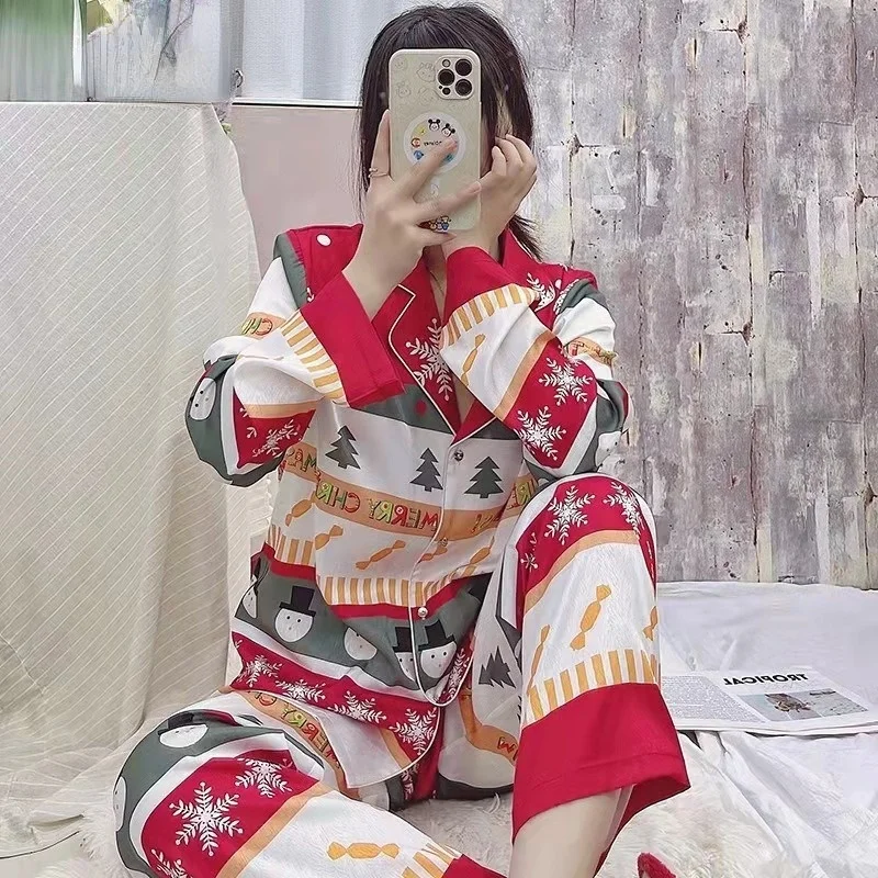 

2022 New Summer Pajamas for Women Sexy Lingerie Christmas Print Silk Sleepwear Set Loose Loungewear Set Woman 2 Pieces Pijama