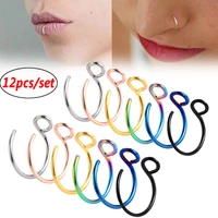 5 12pc punk stainless steel nose ring clips lip rings earring helix rook tragus faux septum body piercing jewelry 8mm