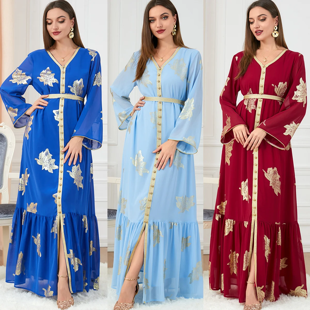 Party Dresses Abayas For Women Dubai Printed Long Sleeve V-Neck Button Tape Trim Belted Gold StampKaftan Split Hem Clothes