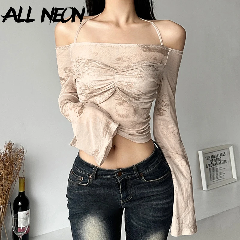 

ALLNeon 2000s Aesthetics Printed Flare Sleeve T-Shirt Sexy Off Shoulder Halter Bandage Crop Tops Girls Sweet Slim T-Shirts 2023
