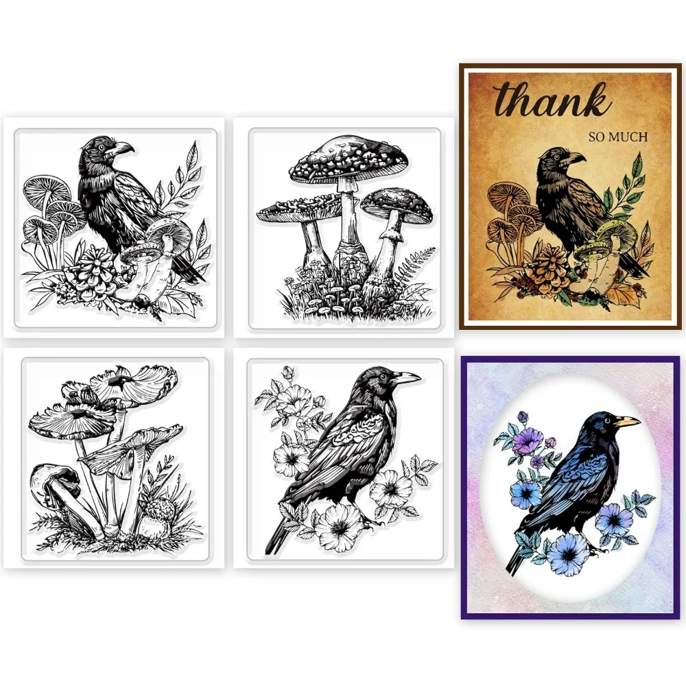 4Pcs Mini Crows and Mushrooms Clear Stamps for DIY Scrapbooking Mini ...