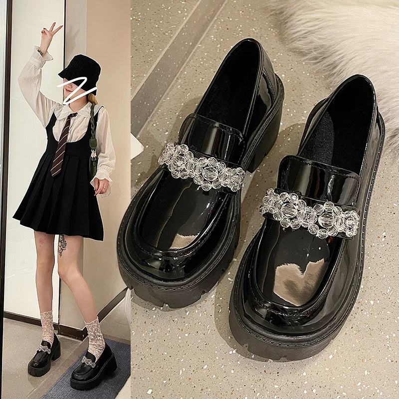 Casual Woman Shoe Loafers With Fur Clogs Platform Oxfords Pearl Decorateion British Style Round Toe Female Footwear Slip-on Cree