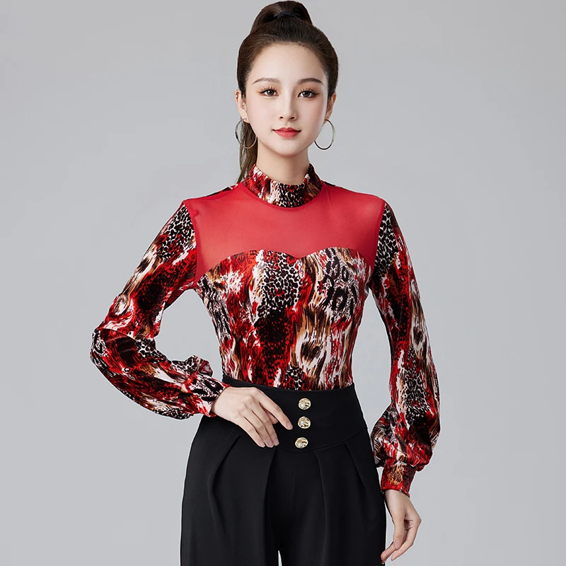 Красный топ с леопардовым принтом для латинских танцев и длинными рукавами