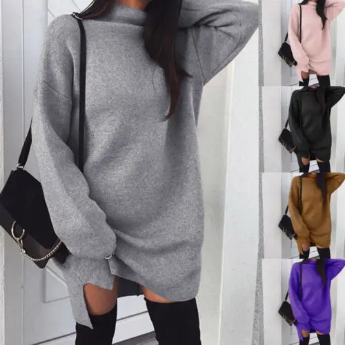 

Women Knitted Slit Sweater Dress Autumn Winter Warm Long Sleeve Turtleneck Sweaters Pullover Casual Solid Loose Dresses Jumper
