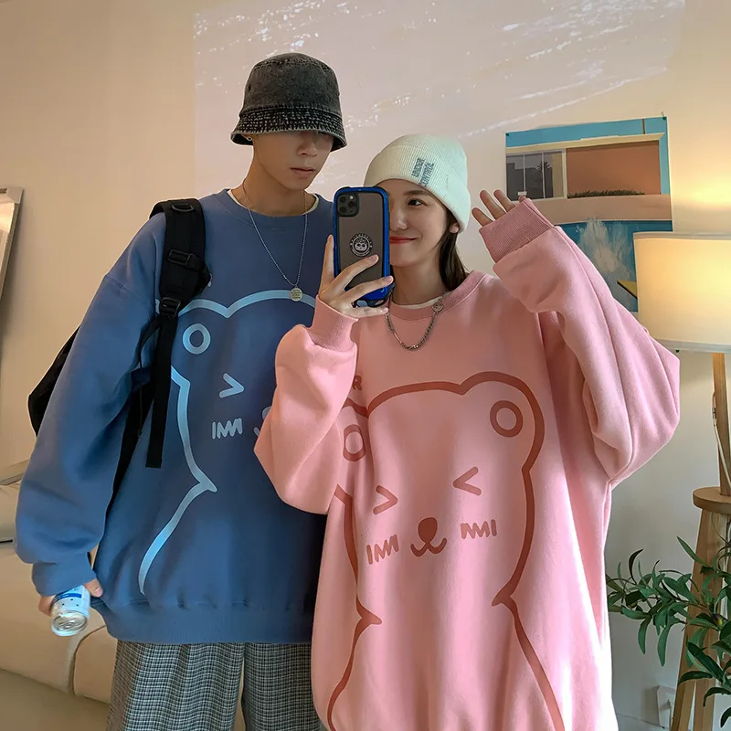 

Loose O-Neck Warm Tops Couple Fashion Cartoon Bear Clothing Sweatshirts Harajuku Design Personalized Pullovers New Autumn Winter