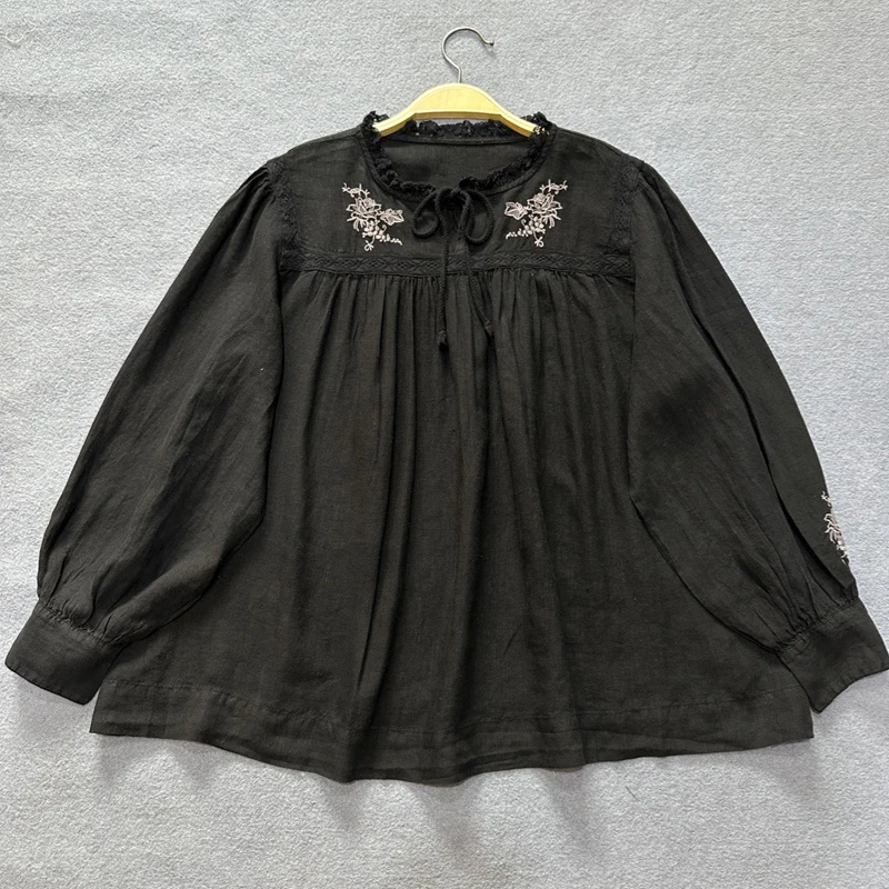 Женская льняная блузка на шнуровке Johnature Повседневная Свободная Простая рубашка