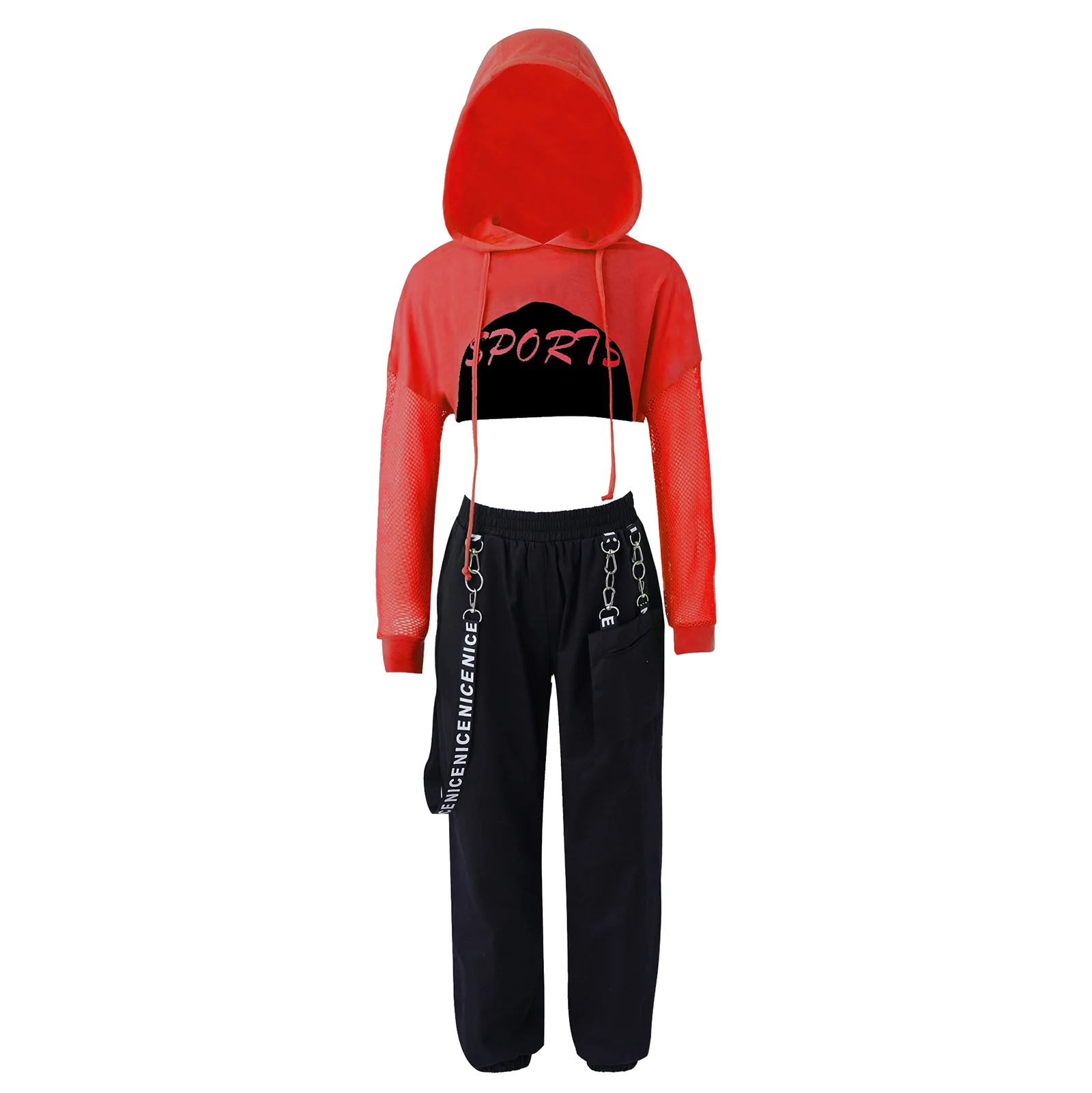 

3Pcs Kids Girls Jazz Dance Clothes Set Hooded Long Sleeves Net Cover Up Tops with Crop Vest Pants Modern Dance Hip Hop Costume