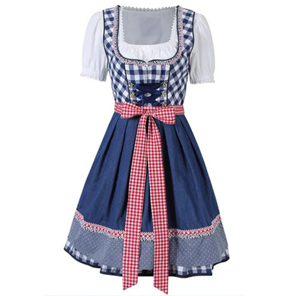 

3Pcs/Set Women Bavarian Traditional Plaid Oktoberfest Costume Beer Girl Uniform German Beer Maid Dirndl Dress Up