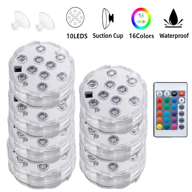 

10 Leds Ip68 RGB Submersible Light Underwater LED Night Light Swimming Pool Light for Outdoor Vase Fish Tank Pond Party プール 2023