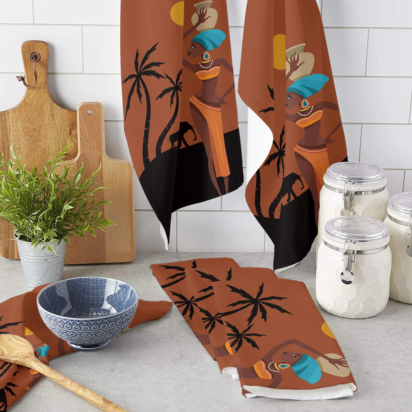 

African Women Sunset Landscape Elephant Microfiber Kitchen Towel Absorbent Non-stick Oil Wiping Rag Home Cleaning Dishcloth